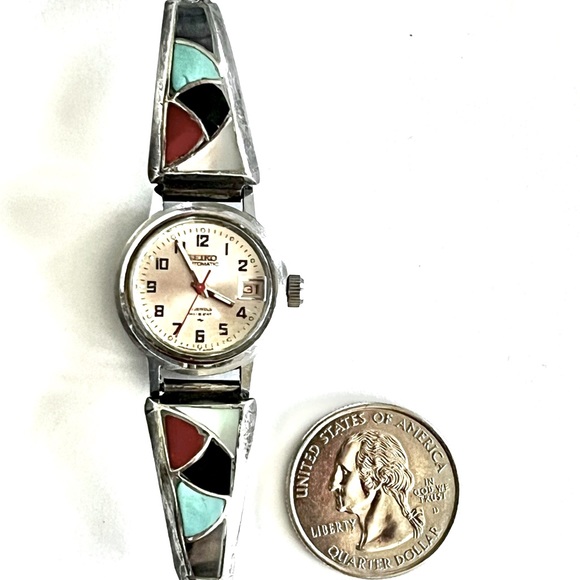 Zuni, Vintage Fish Scale Inlay. Jet Turquoise MoP Coral Sterling Watch Tips - Picture 3 of 4